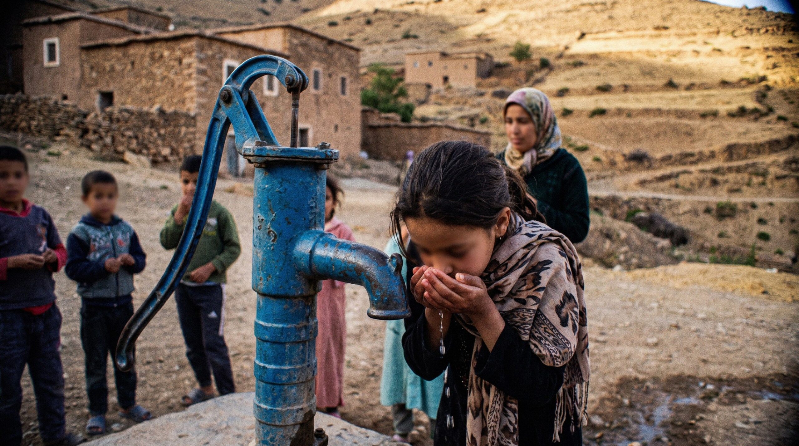 Kind drinkt schoon water uit een waterput in een dorp in het Rifgebergte, Marokko, dankzij het waterproject van Stichting Hijja Ikdimen